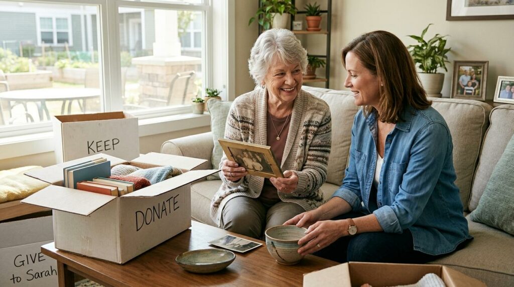 Older adult reviewing belongings and organizing items to downsize for a move to assisted living.
