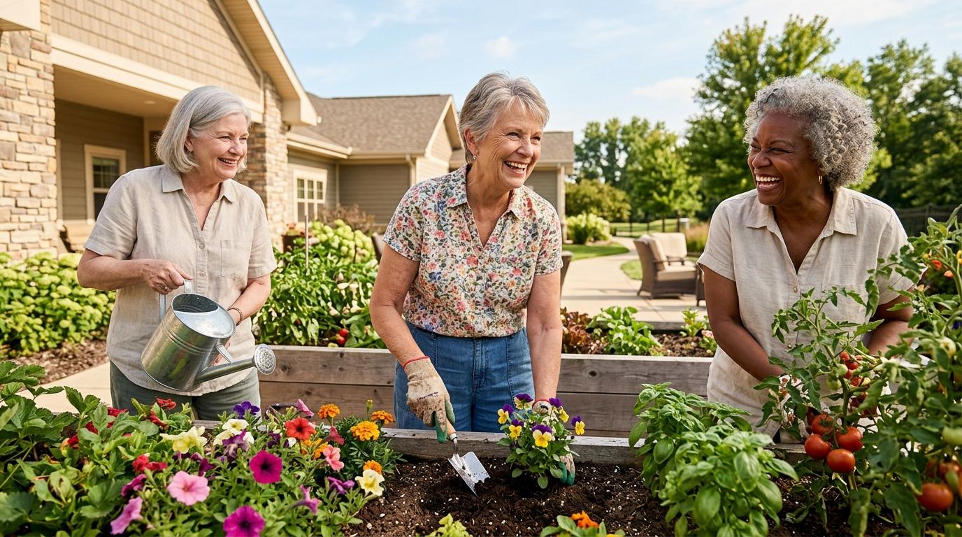 Smiling senior adult touring a bright, welcoming assisted living community with modern amenities and caring staff nearby.