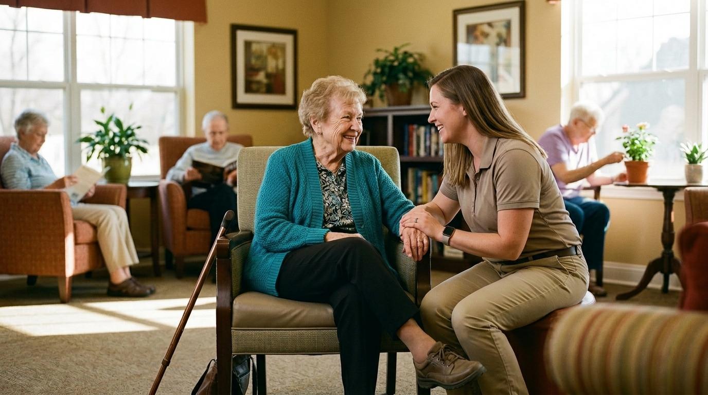 Smiling senior living staff member assisting a resident, illustrating personalized care that supports safety and well-being.
