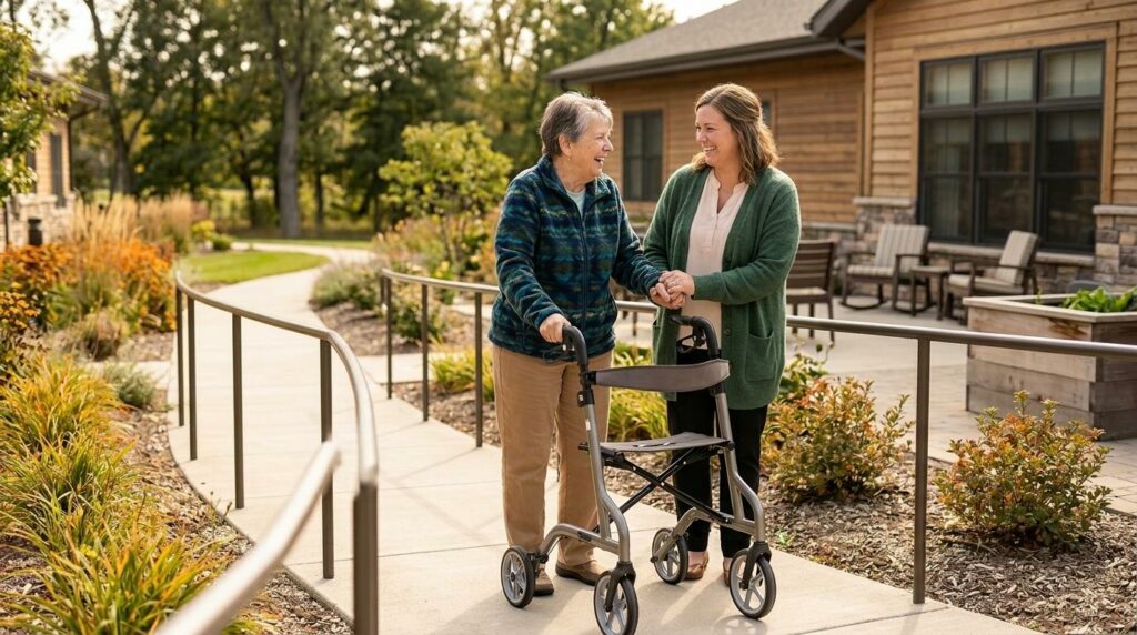 Assisted living caregiver helping a senior person safely navigate the outdoor pathways in their community.