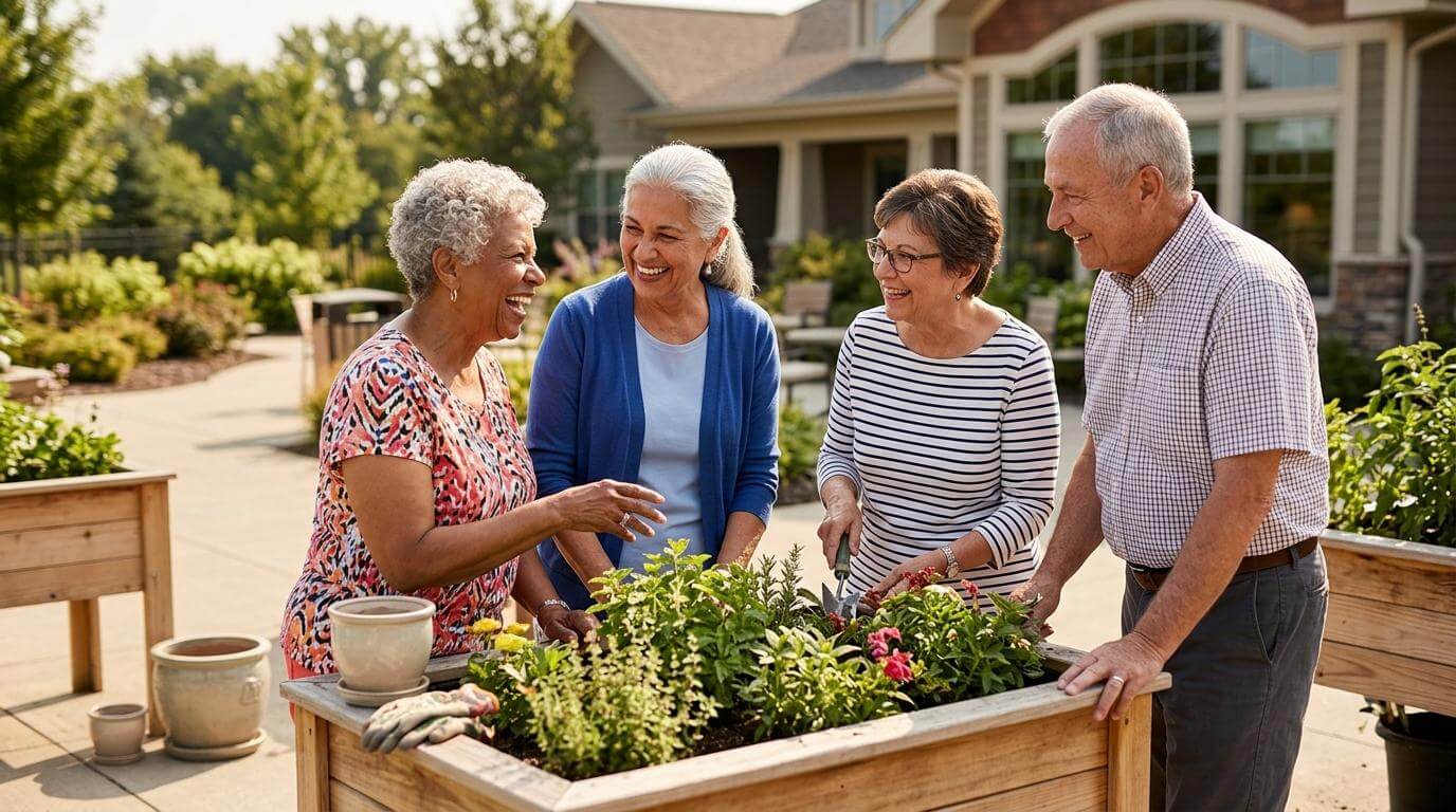 Seniors socializing and building connections in a warm assisted living community common area.