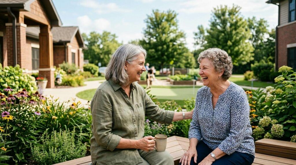 Two older adults laughing together in a bright assisted living common area, enjoying a warm moment of friendship and connection.