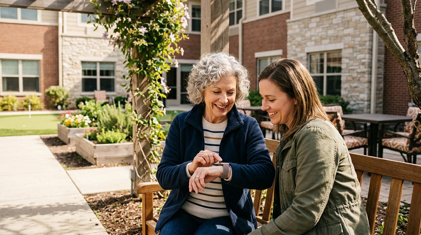 A younger adult sits next to an older adult on an outdoor bench as they browse smartwatch options, representing technology choices for active senior living.